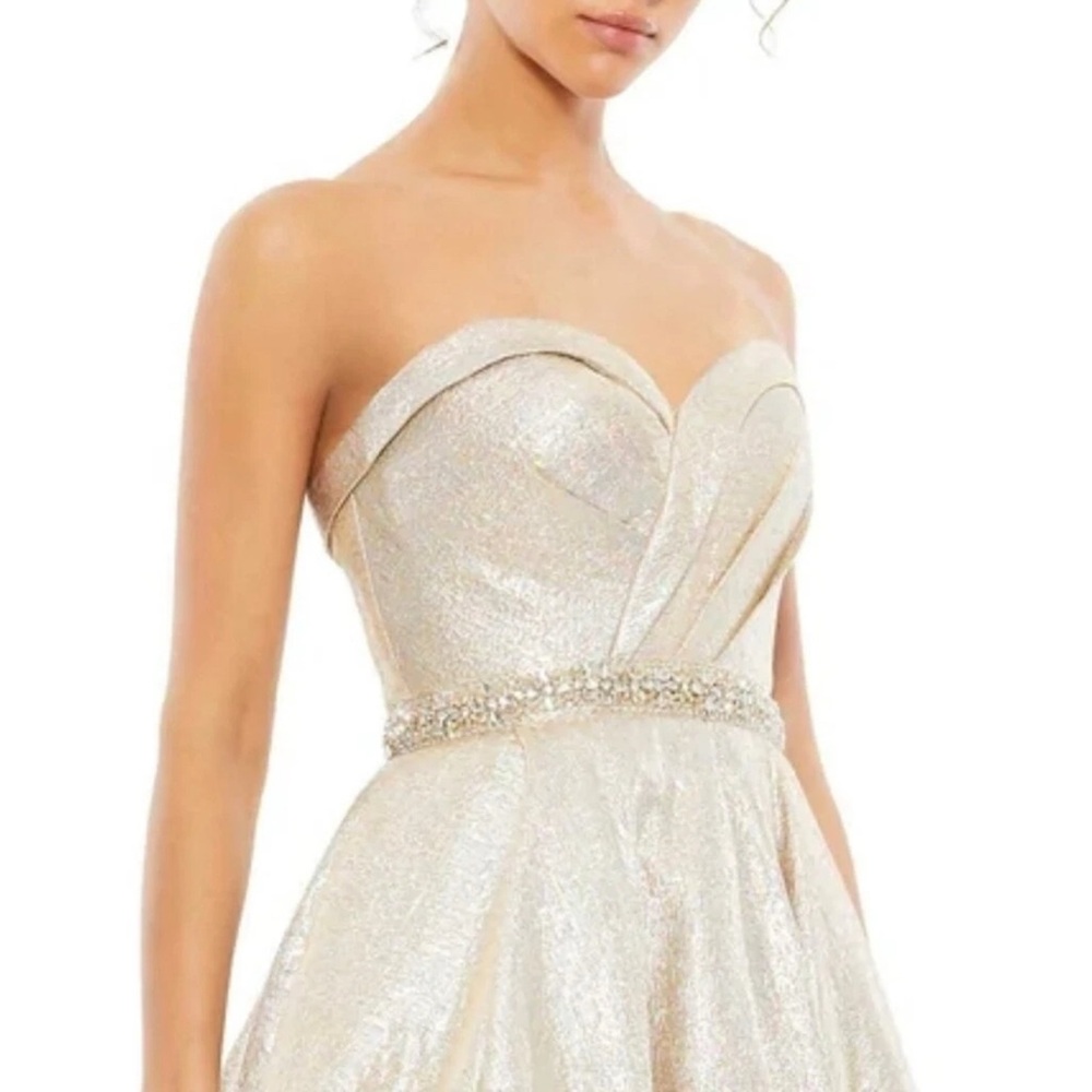Mac Duggal Strapless Shimmering Cream Gown